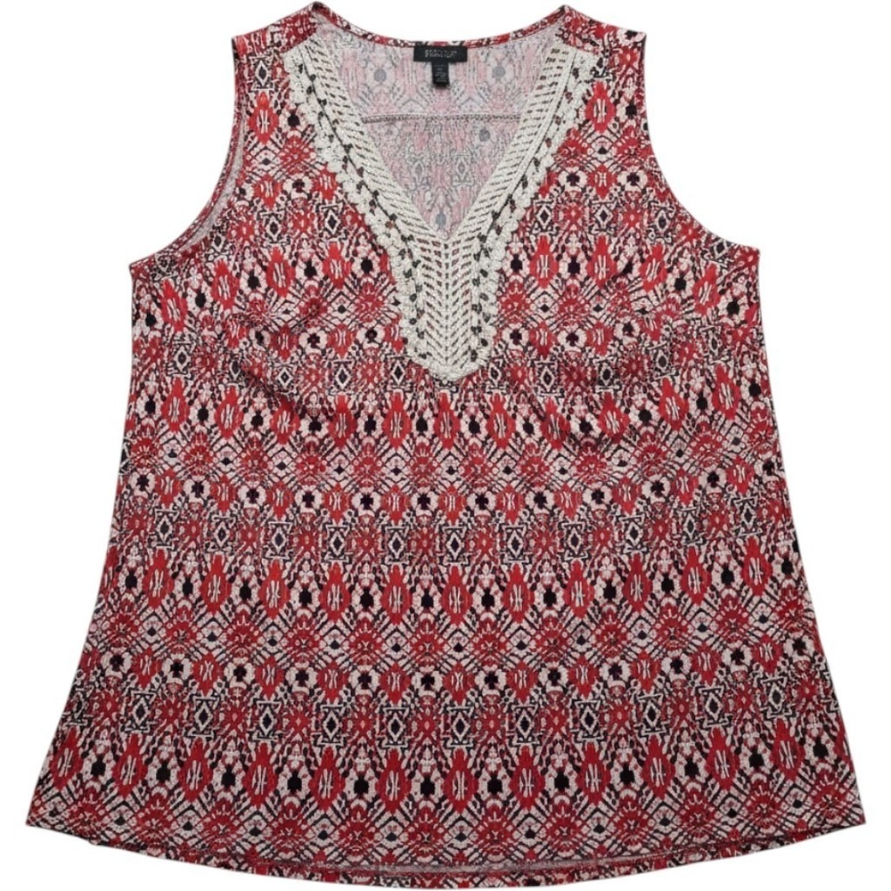 Alyx Top Womens 1X Red Geometric Excellent Crochet Trim Sharkbite Blouse